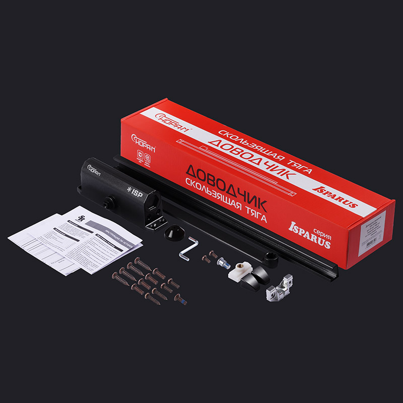 Комплектация и упаковка Доводчик дверной со скользящей тягой 430 Slider ISPARUS цвет Черный Нора-М