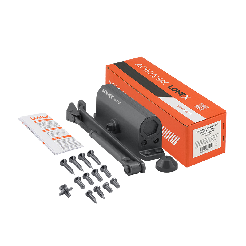 Комплектация и упаковка Доводчик дверной 330 LONEX от 50 до 120 кг цвет Графит (7016) Нора-М