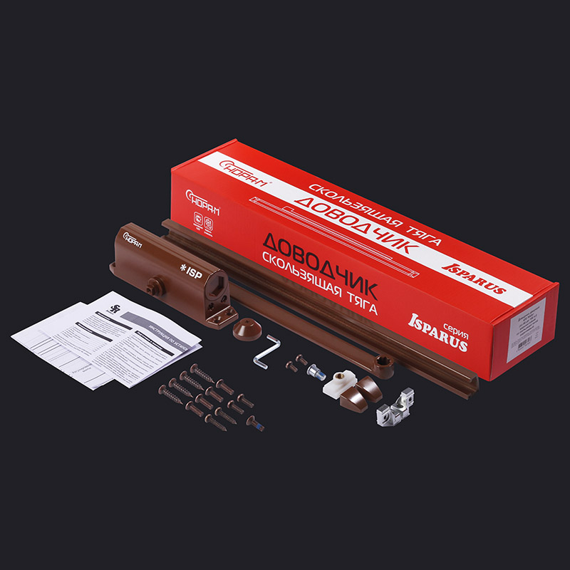 Комплектация и упаковка Доводчик дверной со скользящей тягой 430 Slider ISPARUS цвет Коричневый Нора-М