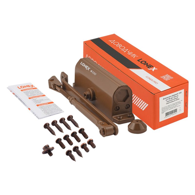 Комплектация и упаковка Доводчик дверной 330 LONEX от 50 до 120 кг цвет Коричневый (8024) Нора-М