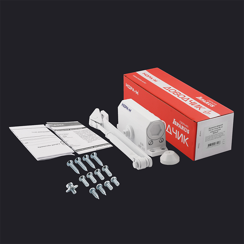 Комплектация и упаковка Доводчик дверной 410 ISPARUS цвет Белый Нора-М